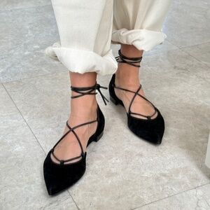 Stuart Weitzman Black Suede Lace Up Ballet Flats